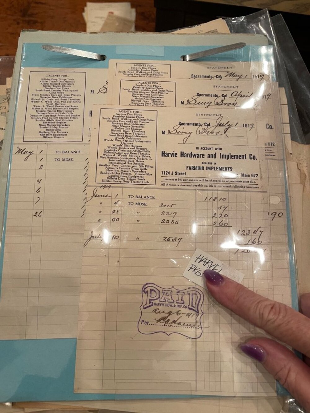 Harvie Hardware Implement Co Sacramento CA Invoices Statements Sing Bros Lot
